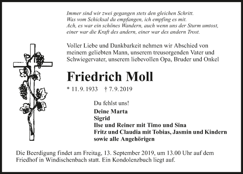  Traueranzeige für Friedrich Moll vom 11.09.2019 aus 