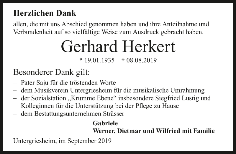  Traueranzeige für Gerhard Herkert vom 21.09.2019 aus 