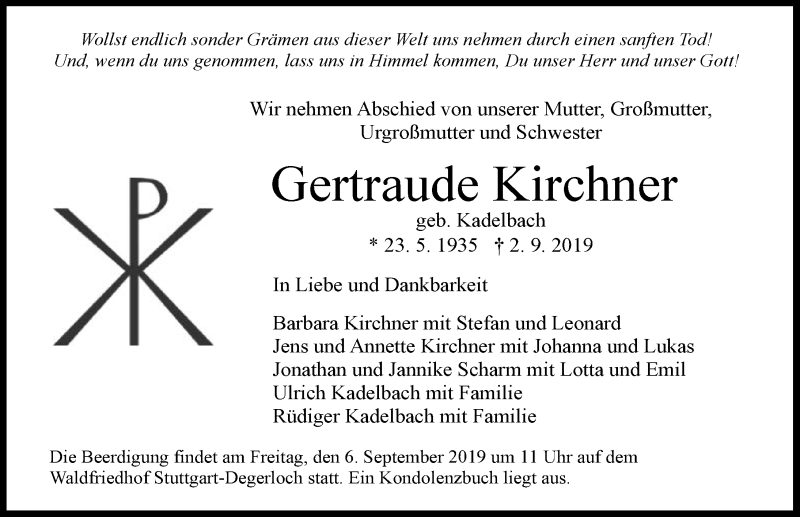  Traueranzeige für Gertraude Kirchner vom 04.09.2019 aus 