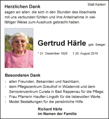 Traueranzeige von Gertrud Härle 