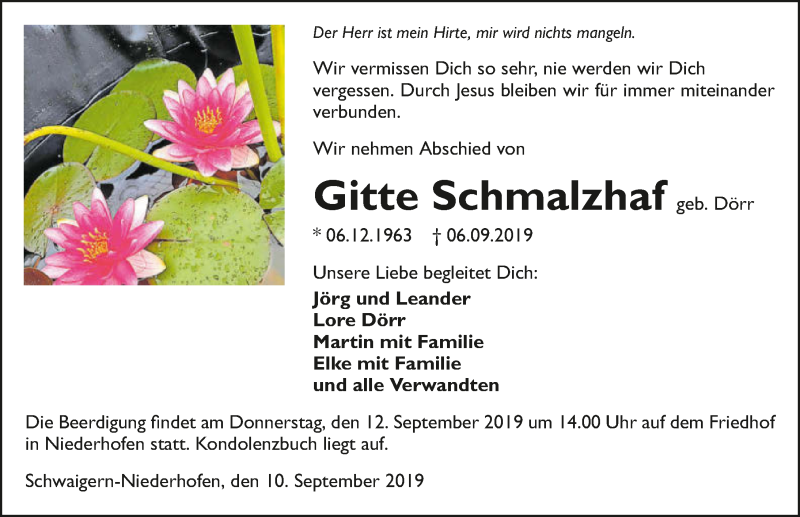  Traueranzeige für Gitte Schmalzhaf vom 10.09.2019 aus 