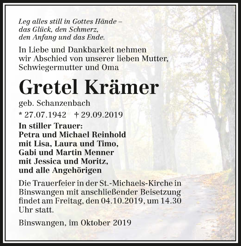  Traueranzeige für Gretel Krämer vom 01.10.2019 aus 