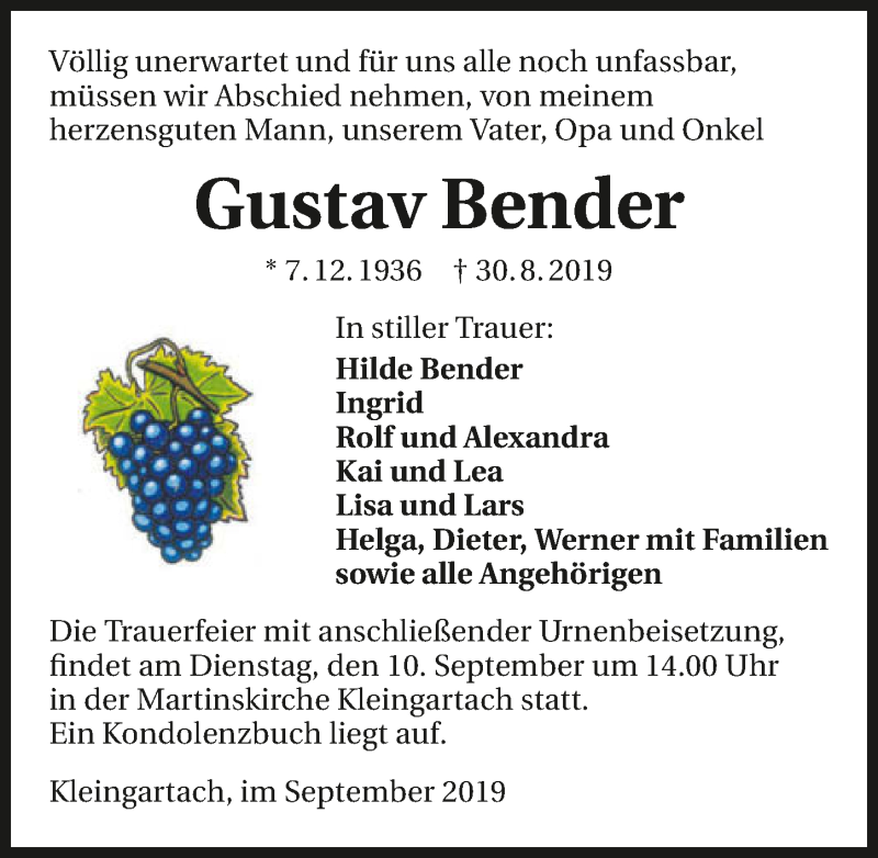  Traueranzeige für Gustav Bender vom 07.09.2019 aus 