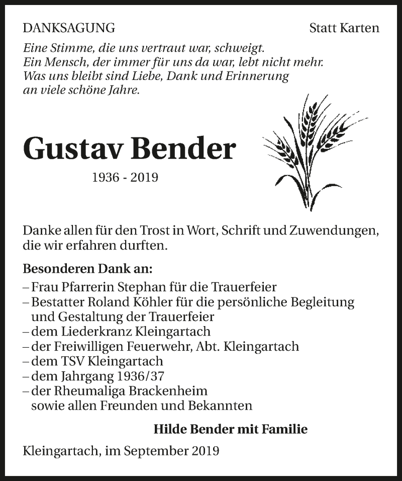  Traueranzeige für Gustav Bender vom 21.09.2019 aus 