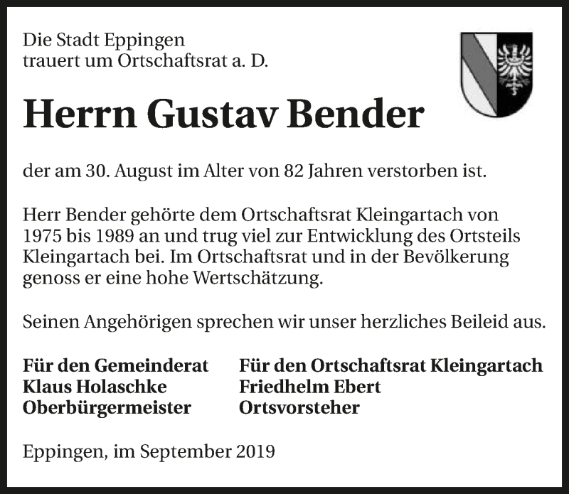  Traueranzeige für Gustav Bender vom 07.09.2019 aus 
