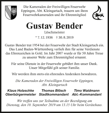 Traueranzeige von Gustav Bender 