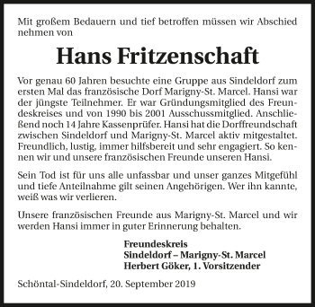 Traueranzeige von Hans Fritzenschaft 