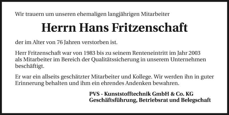  Traueranzeige für Hans Fritzenschaft vom 20.09.2019 aus 