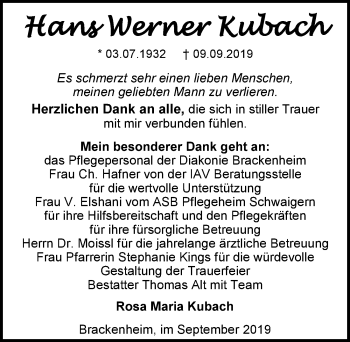 Traueranzeige von Hans Werner Kubach 