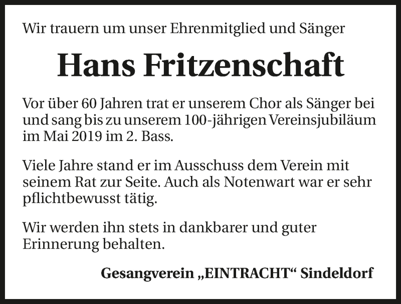  Traueranzeige für Hans Fritzenschaft vom 20.09.2019 aus 