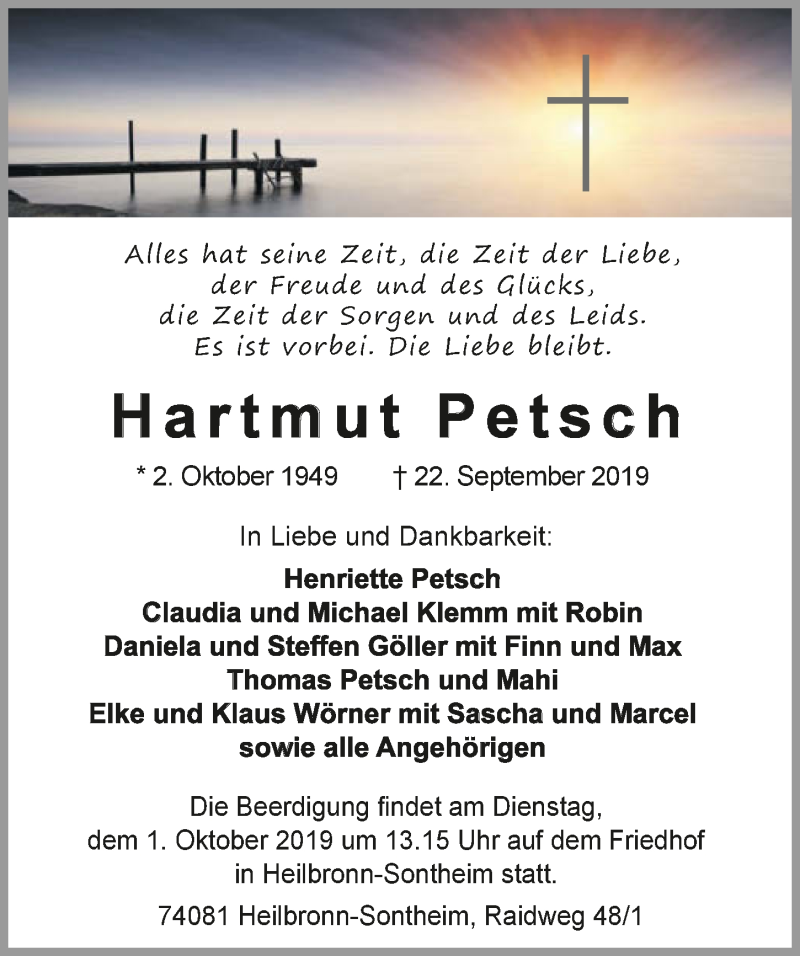 Traueranzeige für Hartmut Petsch vom 28.09.2019 aus 