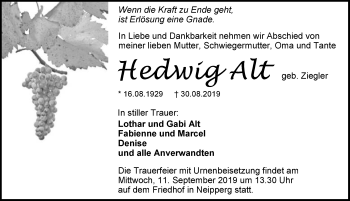 Traueranzeige von Hedwig Alt 