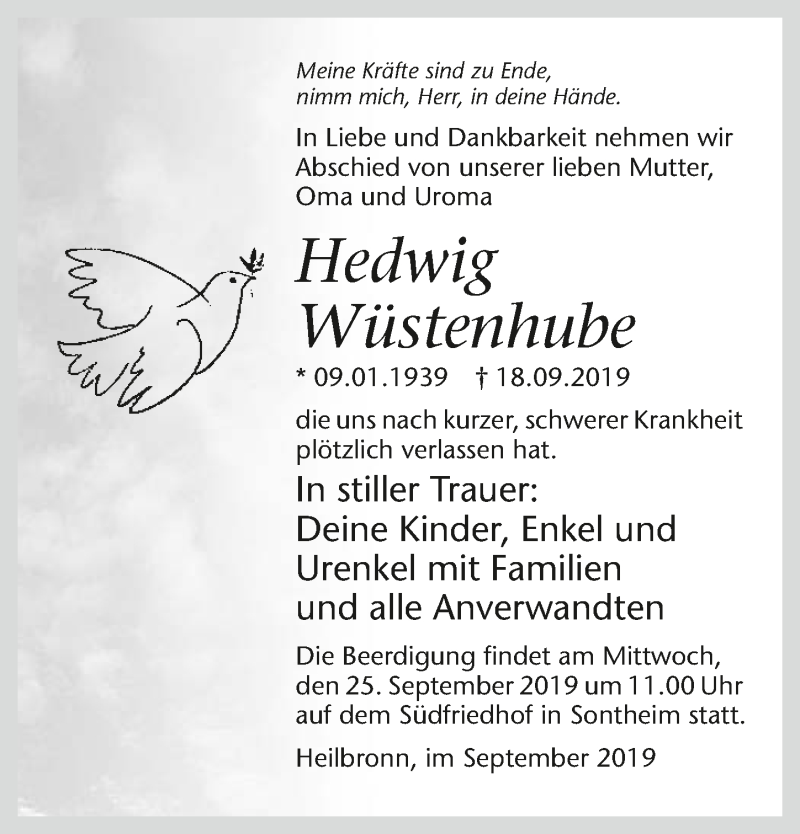  Traueranzeige für Hedwig Wüstenhube vom 21.09.2019 aus 