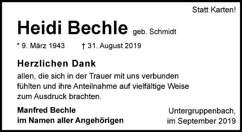  Traueranzeige für Heiderose Bechle vom 21.09.2019 aus 