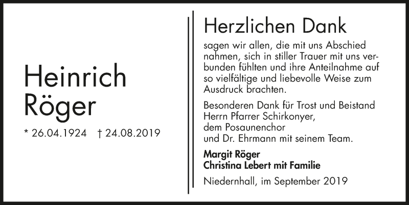  Traueranzeige für Heinrich Röger vom 17.09.2019 aus 