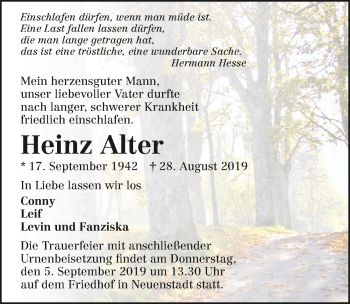 Traueranzeige von Heinz Alter 