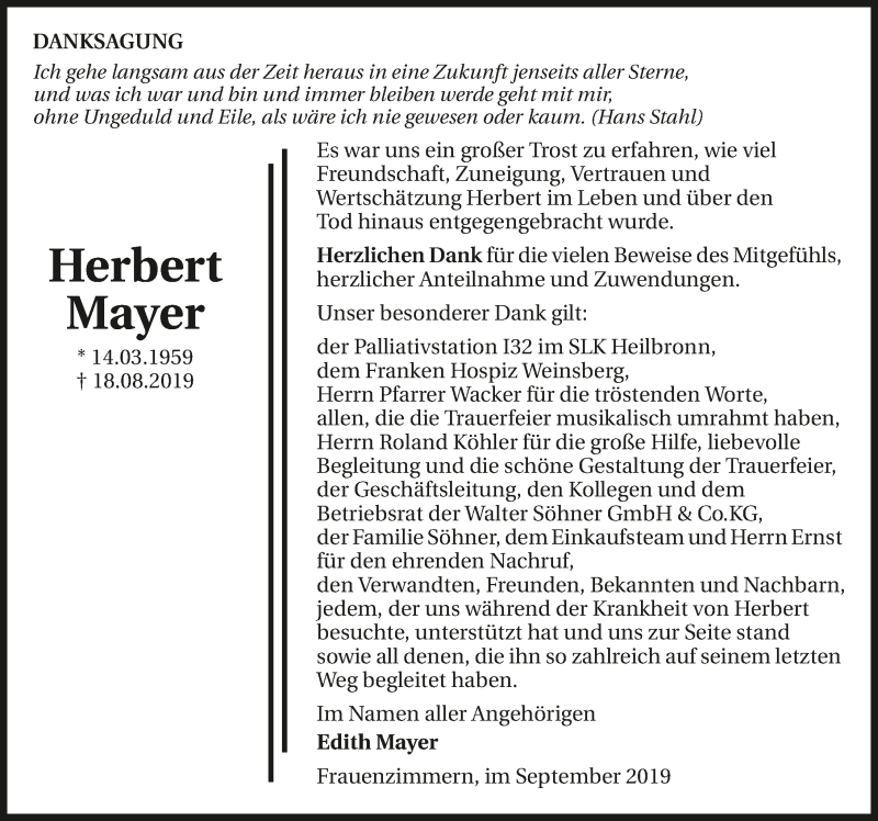  Traueranzeige für Herbert Mayer vom 07.09.2019 aus 