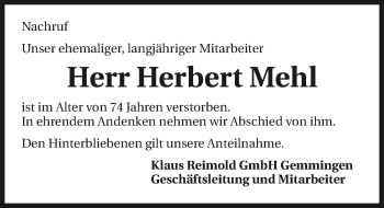 Traueranzeige von Herbert Mehl 