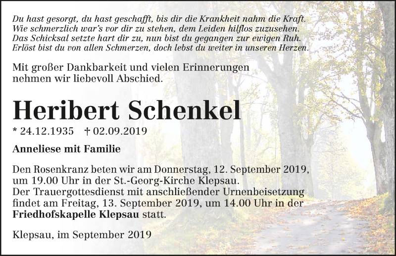  Traueranzeige für Heribert Schenkel vom 11.09.2019 aus 