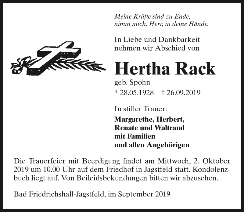  Traueranzeige für Hertha Rack vom 28.09.2019 aus 