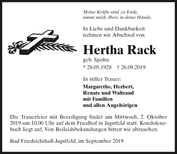 Traueranzeige von Hertha Rack 