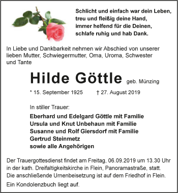 Traueranzeige von Hilde Göttle 
