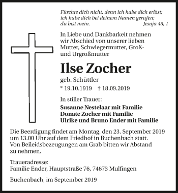Traueranzeige von Ilse Zocher 