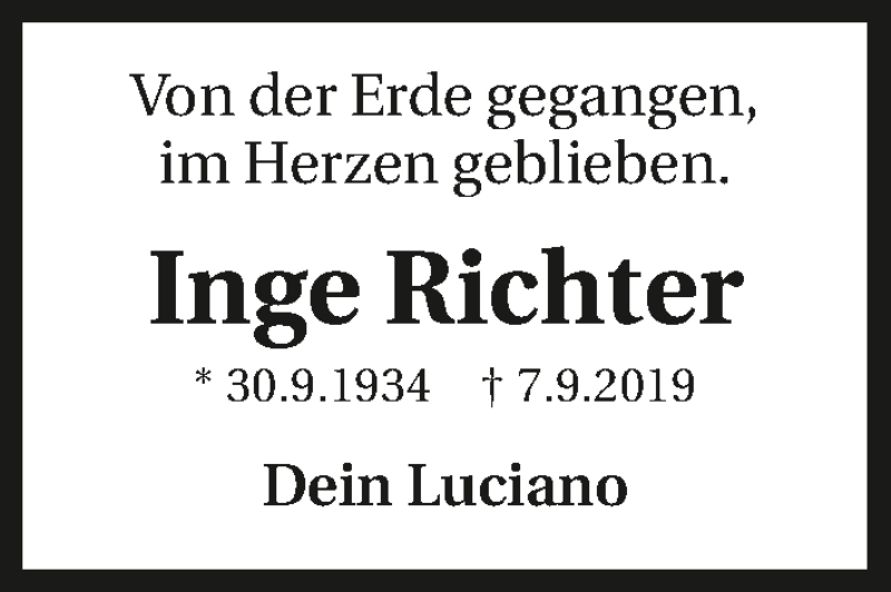  Traueranzeige für Inge Richter vom 18.09.2019 aus 