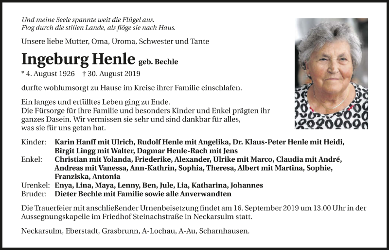 Traueranzeige für Ingeburg Henle vom 14.09.2019 aus 