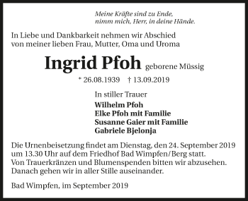 Traueranzeige von Ingrid Pfoh 