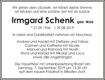 Traueranzeige von Irmgard Schenk 