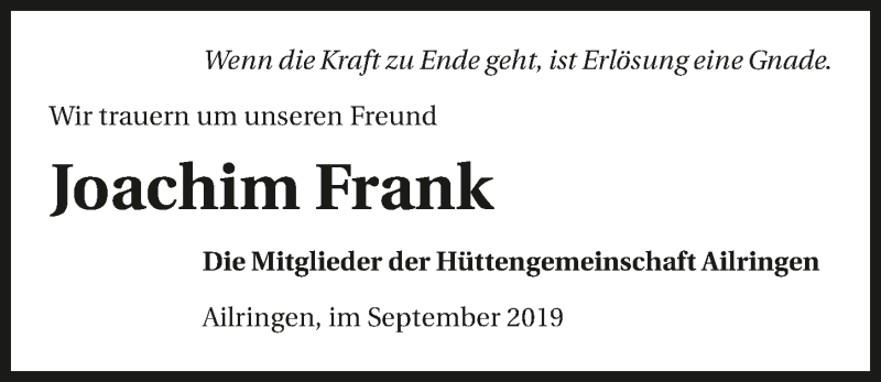  Traueranzeige für Joachim Frank vom 16.09.2019 aus 
