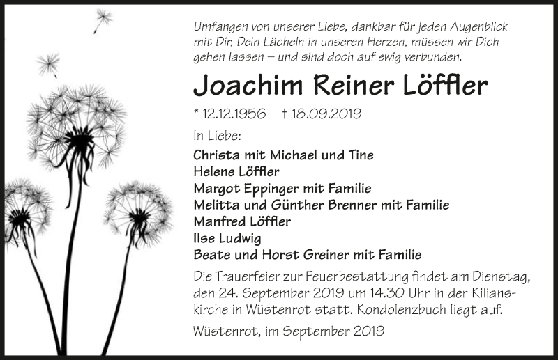  Traueranzeige für Joachim Reiner Löffler vom 21.09.2019 aus 