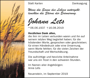 Traueranzeige von Johann Lets 