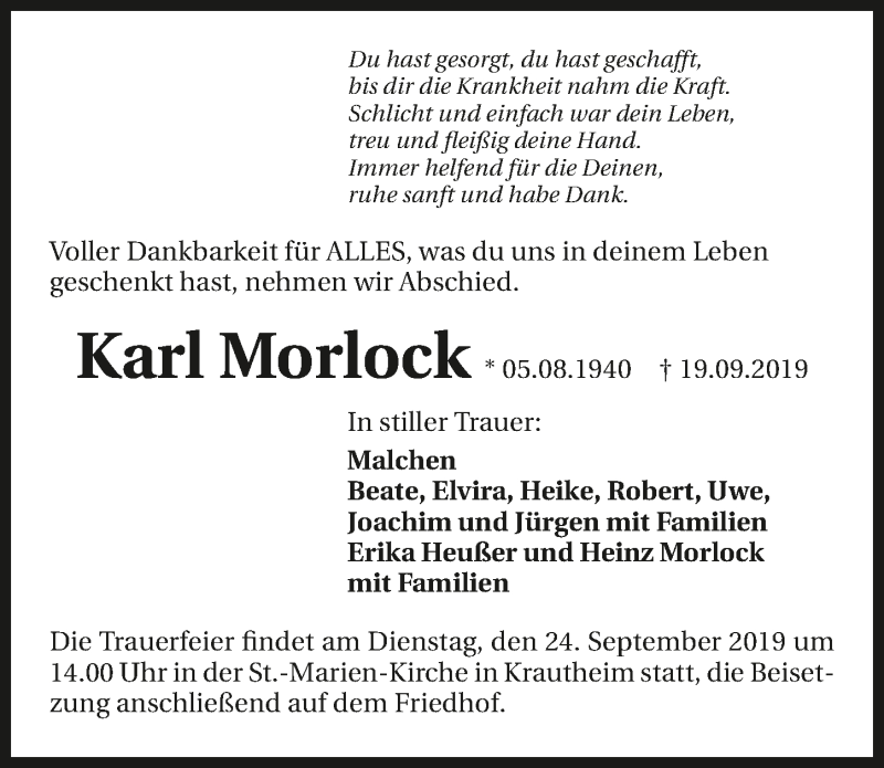  Traueranzeige für Karl Morlock vom 21.09.2019 aus 