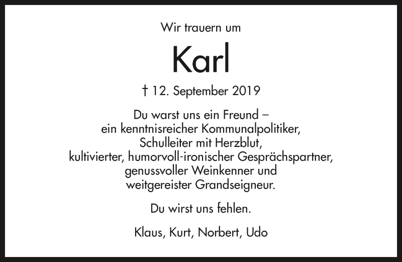  Traueranzeige für Karl Strohhäcker vom 19.09.2019 aus 