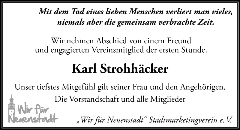  Traueranzeige für Karl Strohhäcker vom 19.09.2019 aus 