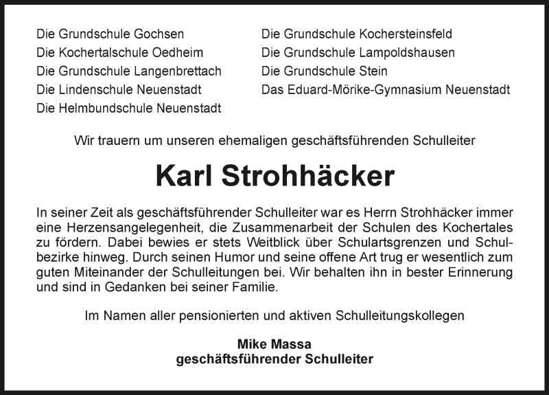  Traueranzeige für Karl Strohhäcker vom 19.09.2019 aus 