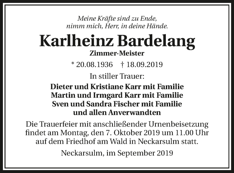  Traueranzeige für Karlheinz Bardelang vom 26.09.2019 aus 