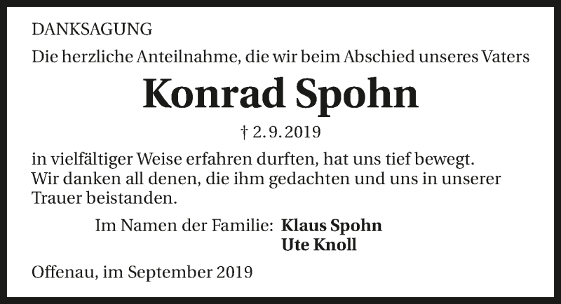  Traueranzeige für Konrad Spohn vom 21.09.2019 aus 