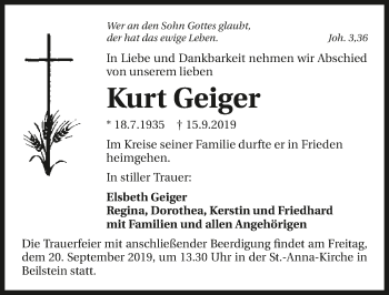Traueranzeige von Kurt Geiger 