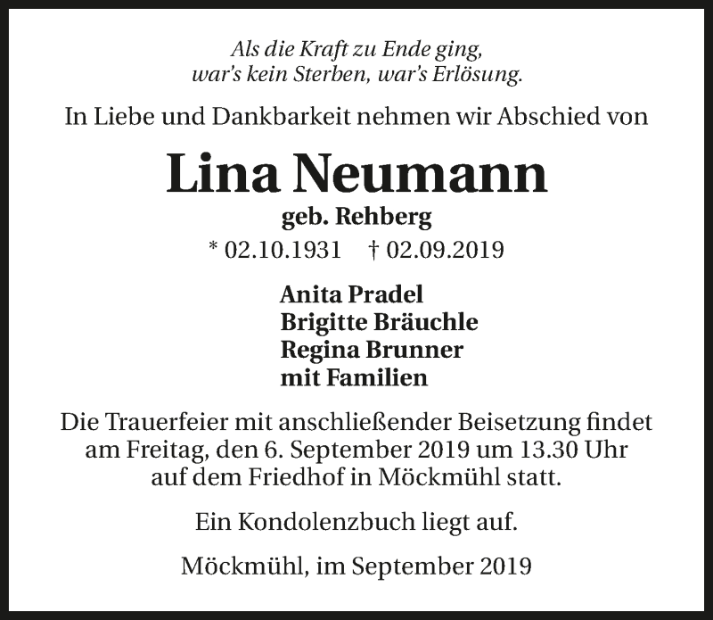  Traueranzeige für Lina Neumann vom 04.09.2019 aus 