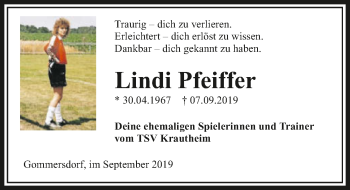 Traueranzeige von Lindi Pfeiffer 