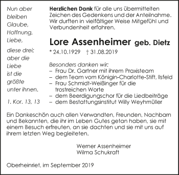 Traueranzeige von Lore Assenheimer 