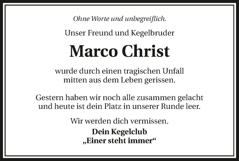  Traueranzeige für Marco Christ vom 24.09.2019 aus 