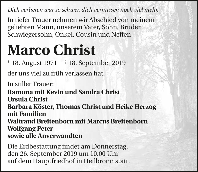  Traueranzeige für Marco Christ vom 21.09.2019 aus 