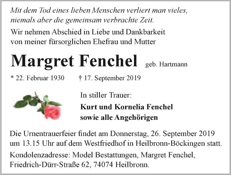  Traueranzeige für Margarete Fenchel vom 21.09.2019 aus 