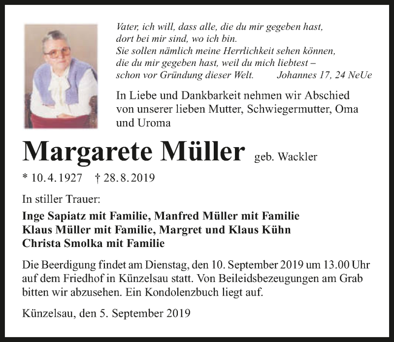  Traueranzeige für Margarete Müller vom 05.09.2019 aus 
