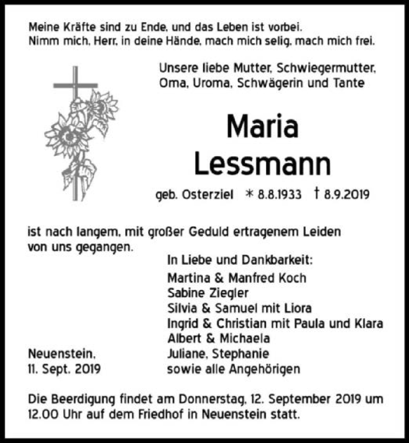  Traueranzeige für Maria Lessmann vom 11.09.2019 aus 