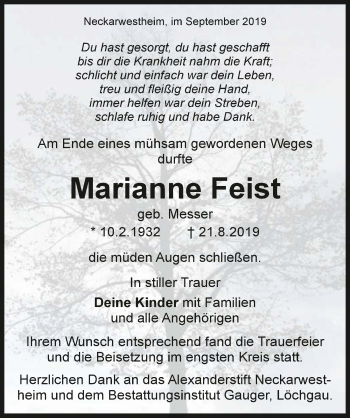 Traueranzeige von Marianne Feist 
